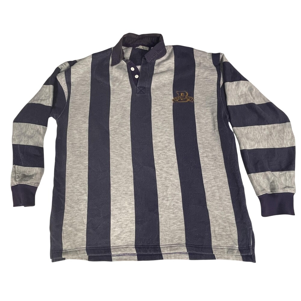 Vintage Bugle Boy Shirt Mens Large Blue Gray Striped Rugby Long Sleeve Logo 90s